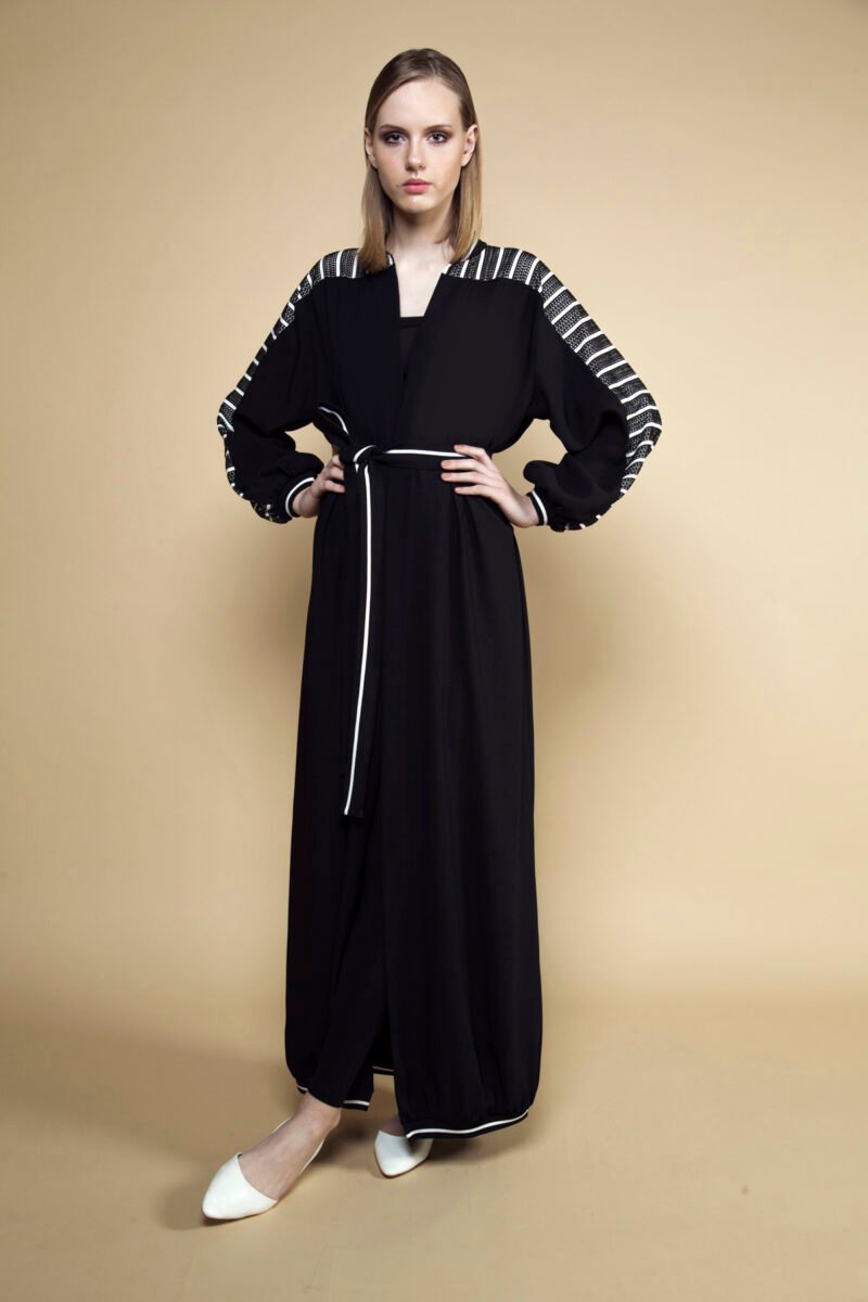 AW16 D-AS003 Stripe mesh and black crepe abaya (1)