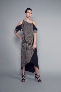 AW16 L-D001 Black and gold patterned dress (1)