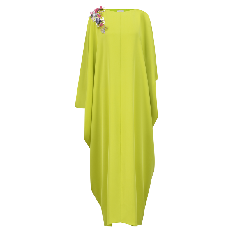 SS23 L-K018 Crepe Silk Kaftan In Mariposa Cut And Slitted Sleeves With One Shoulder 3D Embellishment Lime 1