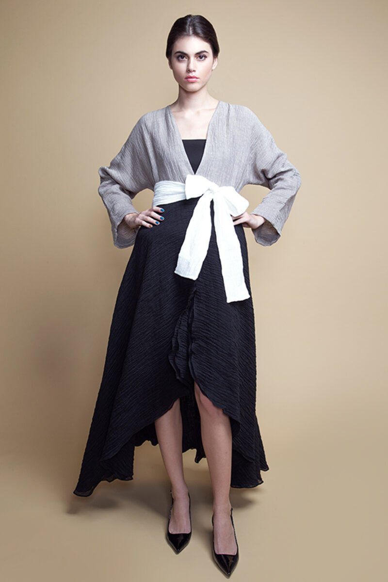 D-AS006 High-low hem color block linen abaya (1)