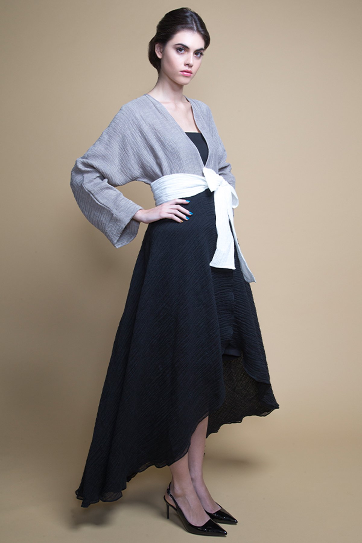 D-AS006 High-low hem color block linen abaya (2)