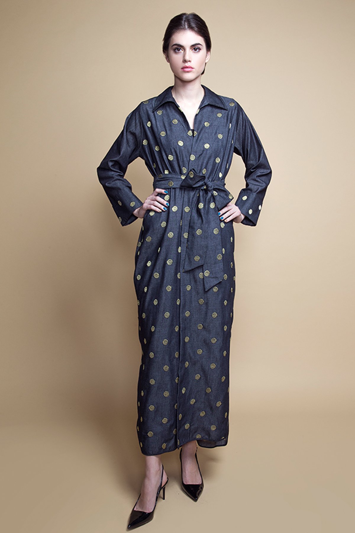 D-AS011 Point collar polka dot denim abaya (1)