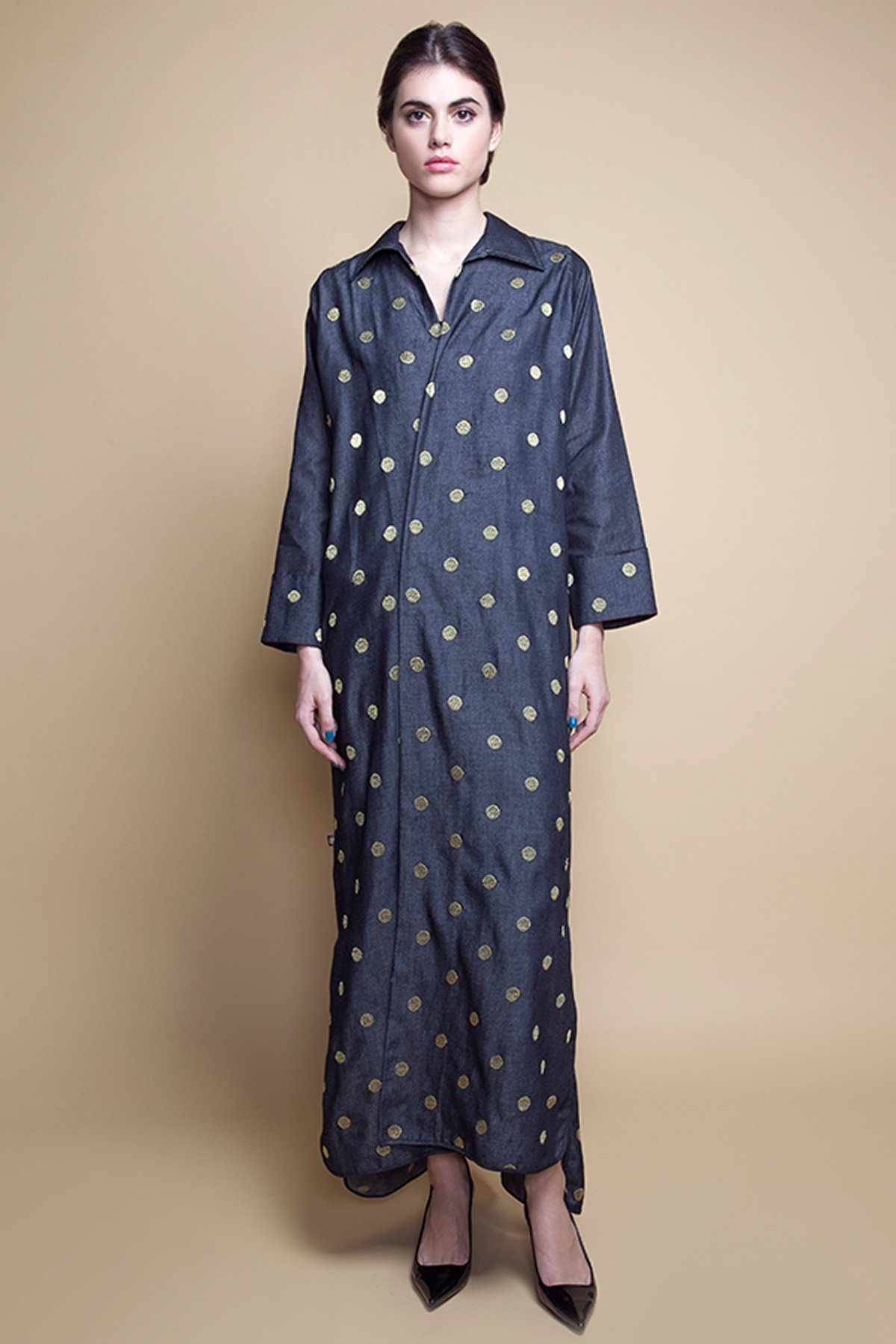 D-AS011 Point collar polka dot denim abaya (2) a