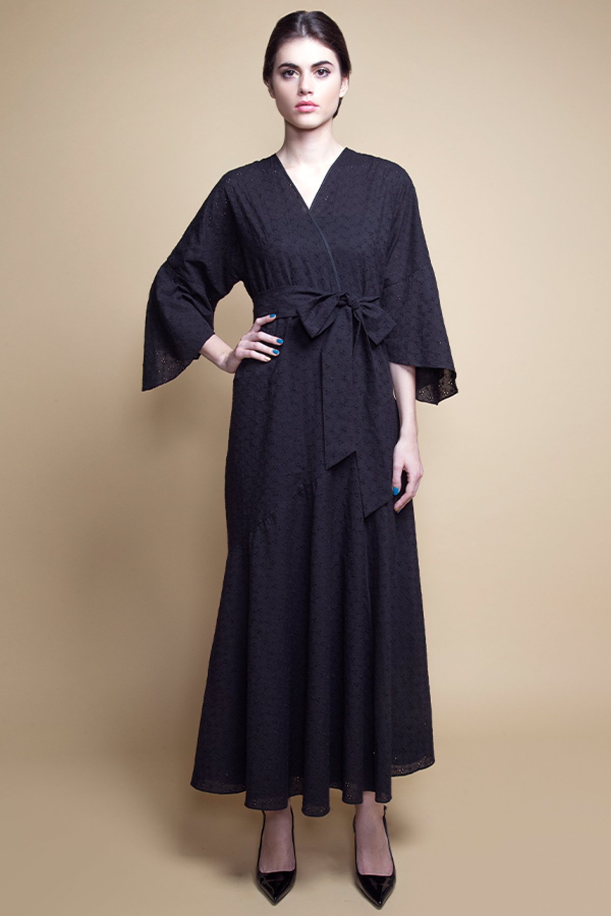 D-AS016 Bias cut black and white cotton eyelet abaya (1)