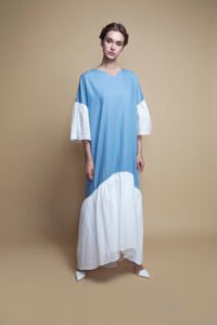 D-K021 Gathered seam white cotton eyelet and denim kaftan (1)