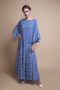 D-K023 Bias cut daisy printed linen kaftan (1)