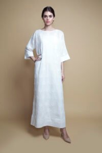 D-K025 Folded cuff white cotton eyelet kaftan (1)