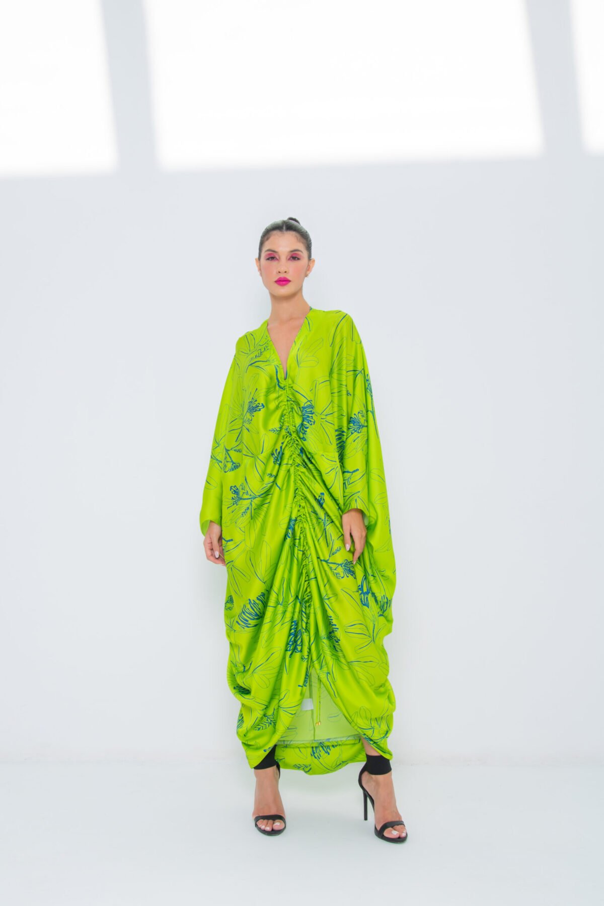 SS23 L-K014 Floral Print Mariposa Cut Kaftan In Pure Silk With Centeral Gathering Lime 1