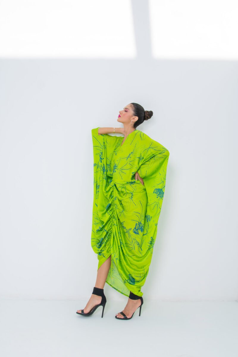 SS23 L-K014 Floral Print Mariposa Cut Kaftan In Pure Silk With Centeral Gathering Lime 3