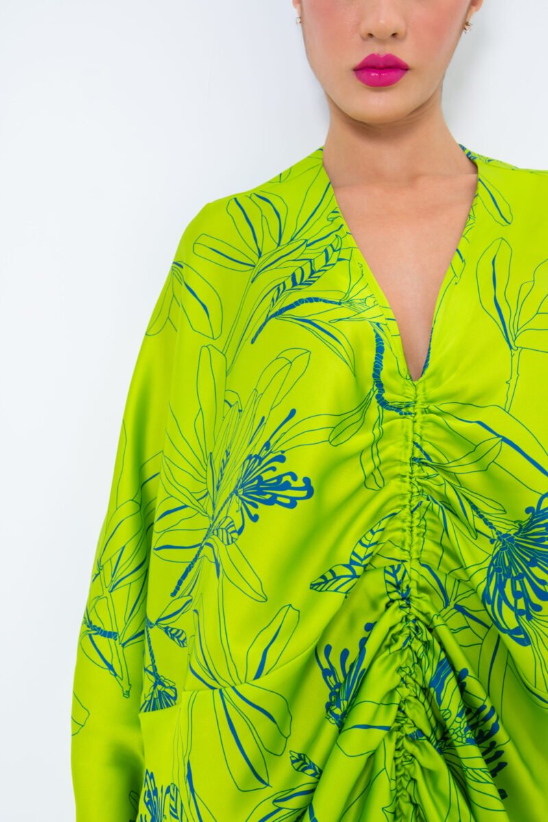 SS23 L-K014 Floral Print Mariposa Cut Kaftan In Pure Silk With Centeral Gathering Lime 4