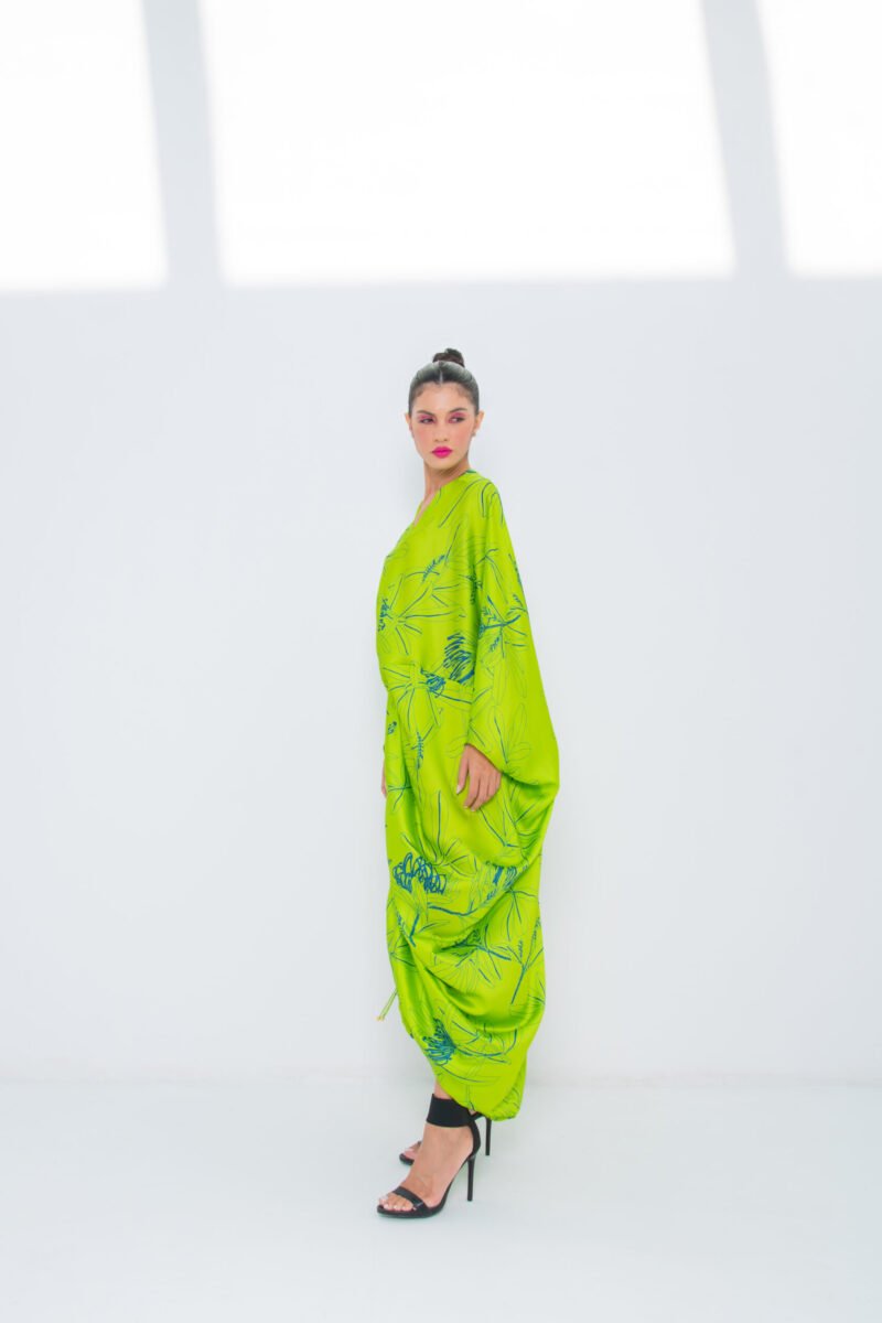 SS23 L-K014 Floral Print Mariposa Cut Kaftan In Pure Silk With Centeral Gathering Lime 6