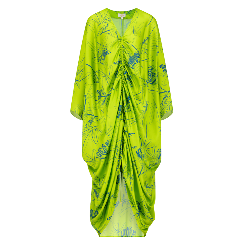 SS23 L-K014 Floral Print Mariposa Cut Kaftan In Pure Silk With Centeral Gathering Lime A