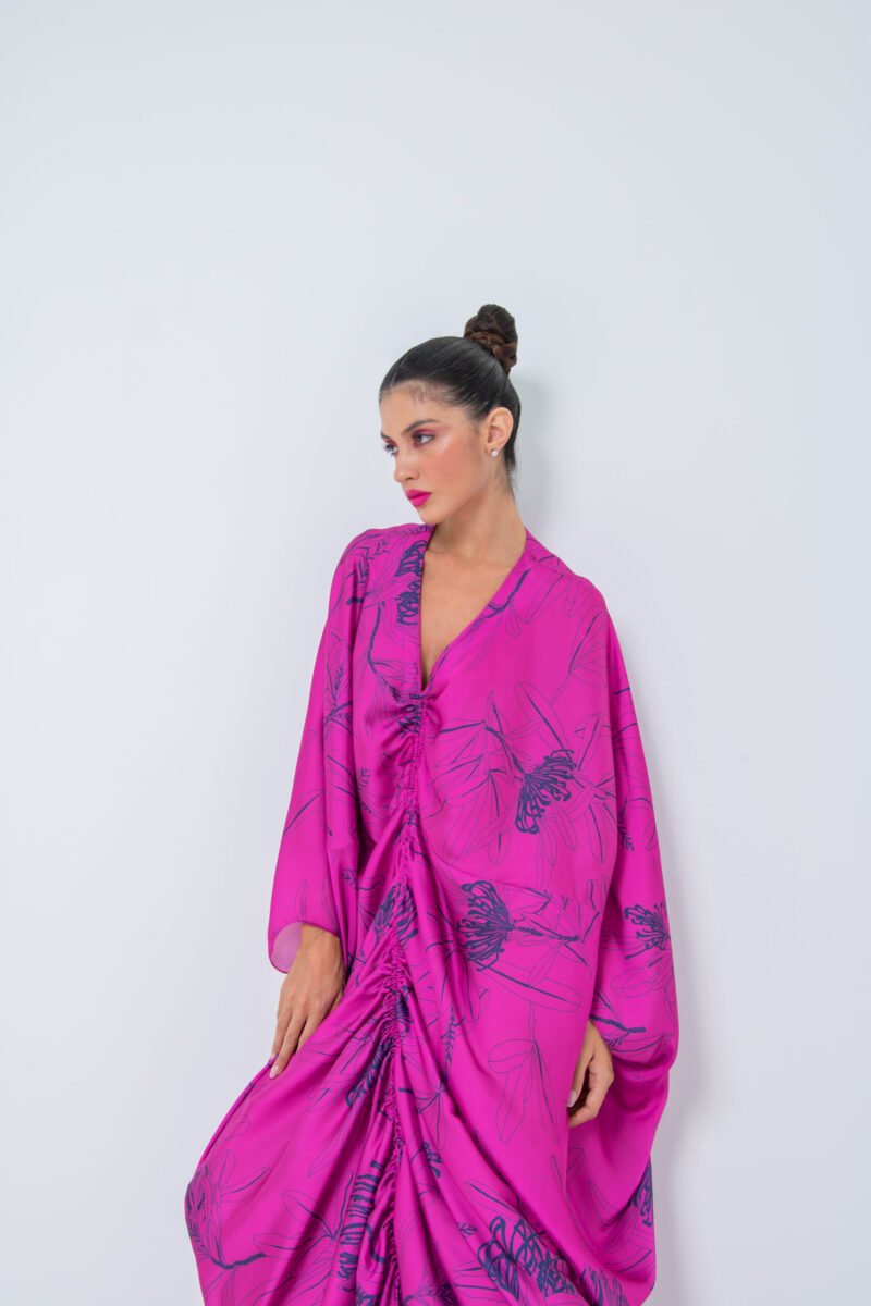 SS23 L-K014 Floral Print Mariposa Cut Kaftan In Pure Silk With Centeral Gathering Super Pink 2