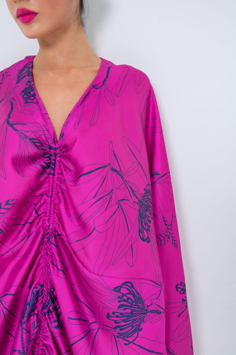 SS23 L-K014 Floral Print Mariposa Cut Kaftan In Pure Silk With Centeral Gathering Super Pink 3