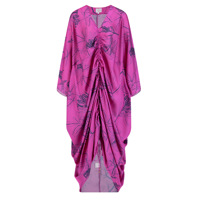 SS23 L-K014 Floral Print Mariposa Cut Kaftan In Pure Silk With Centeral Gathering Super Pink A