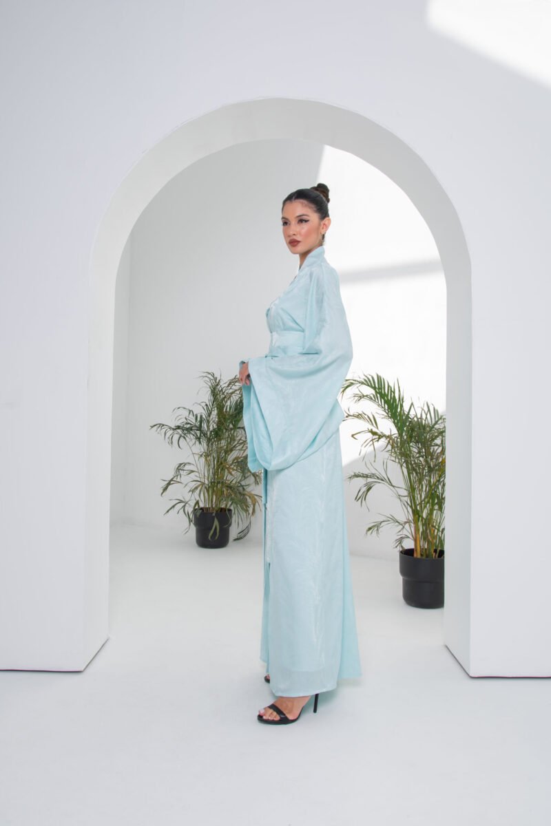 SS23 L-AK003 Kimono Abaya In Engraved Silk With High Waist Belt Fair Aqua 4