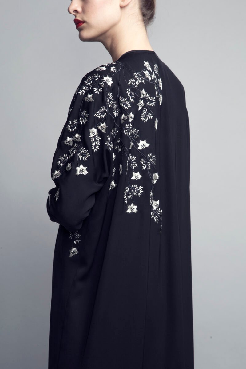 L-AM001 Machine embroidered cuff sleeve crepe abaya 1