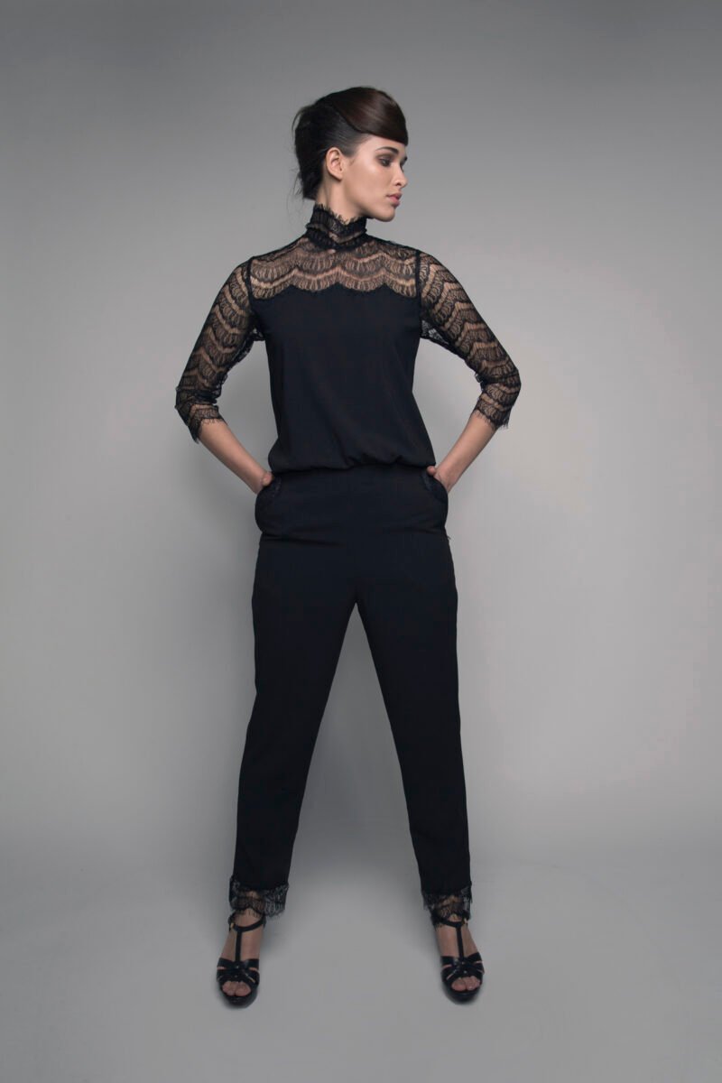 L-J002 High-neck scallop lace and crepe jumpsuit 1