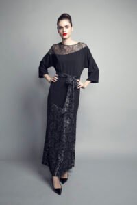 L-K008 Assymetric cut black and silver lace kaftan (1)