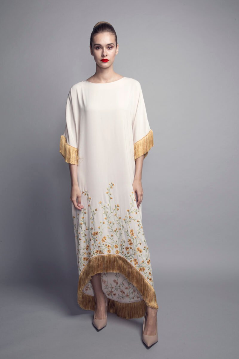 L-K010 Machine embroidered and fringed crepe kaftan 1