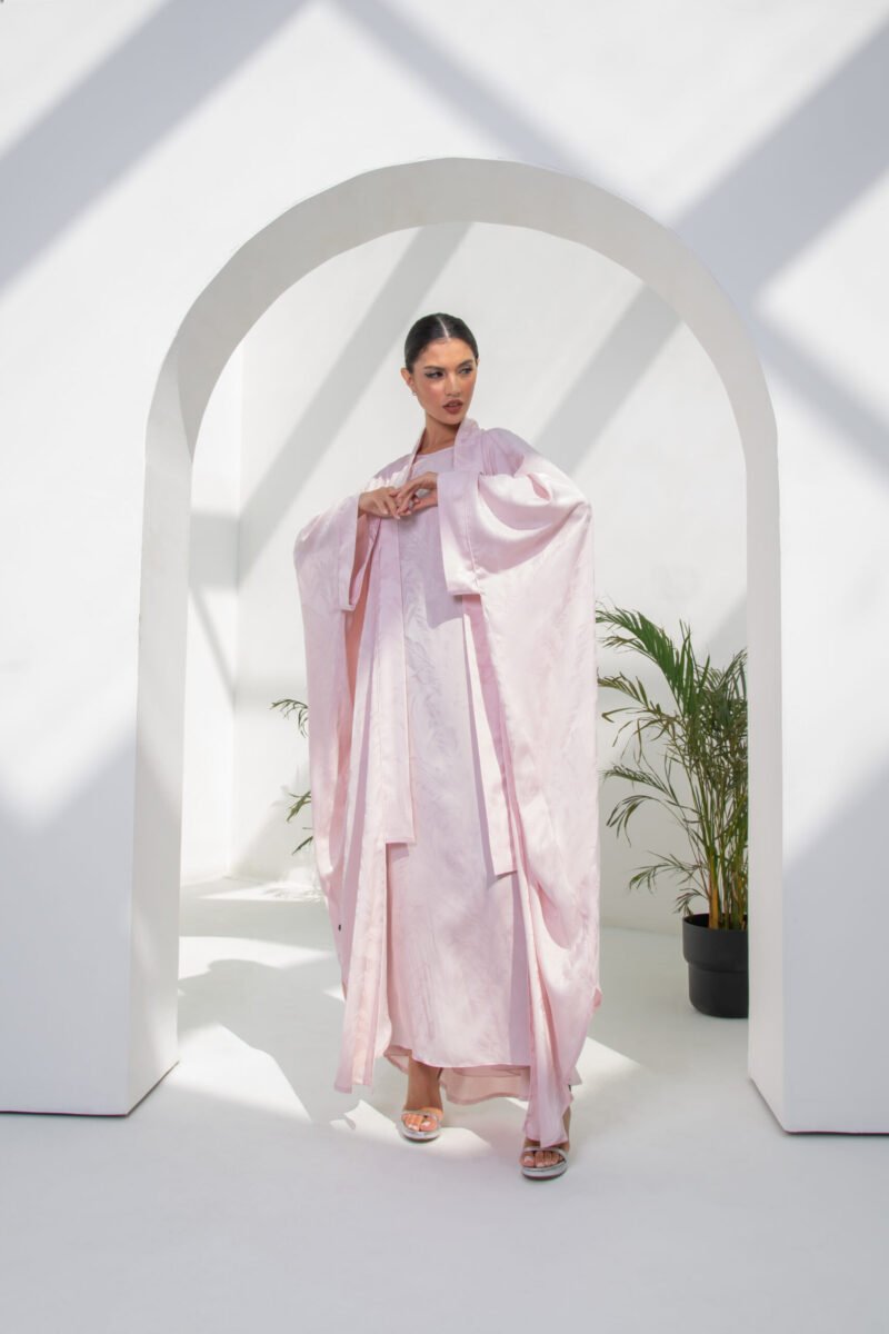 SS23 L-AK004 Mariposa Cut Engraved Silk Abaya With Pocket Pale Lilac 2