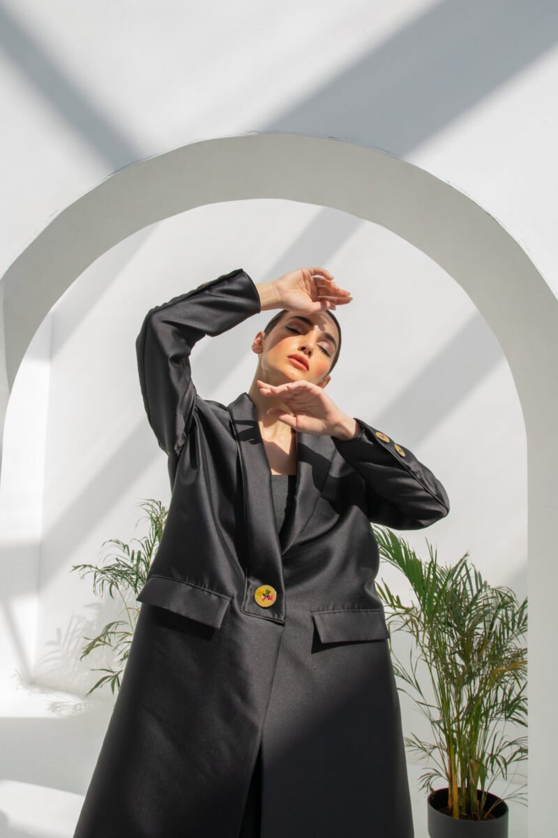 SS23 L-AS013 Mikado Abaya In An Un Symmetrical Modern Lapel Carring A Jumbo Handmade Pointed Button Black 5