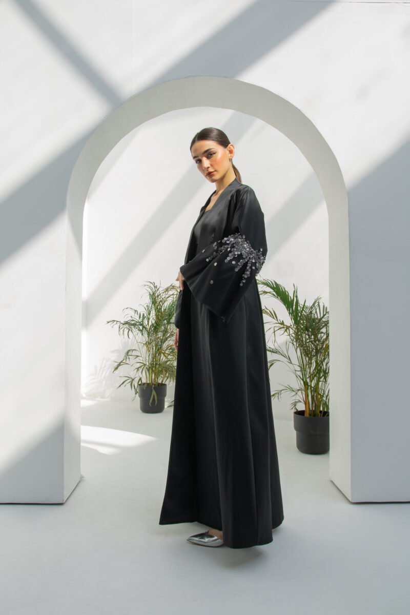 SS23 L-AH002 Mikado Abaya With Antique Grey Sequin On Bell Sleeves Black 2