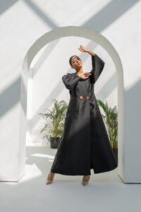 SS23 L-AS011 Mikado Abaya With Egg Sleeves Overlapped And Secured With Hand Made Painted Buttons Black 1