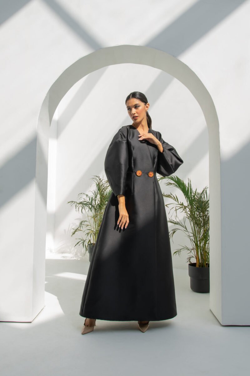 SS23 L-AS011 Mikado Abaya With Egg Sleeves Overlapped And Secured With Hand Made Painted Buttons Black 2