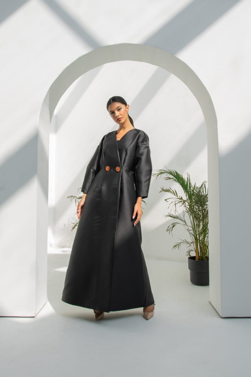 SS23 L-AS011 Mikado Abaya With Egg Sleeves Overlapped And Secured With Hand Made Painted Buttons Black 3