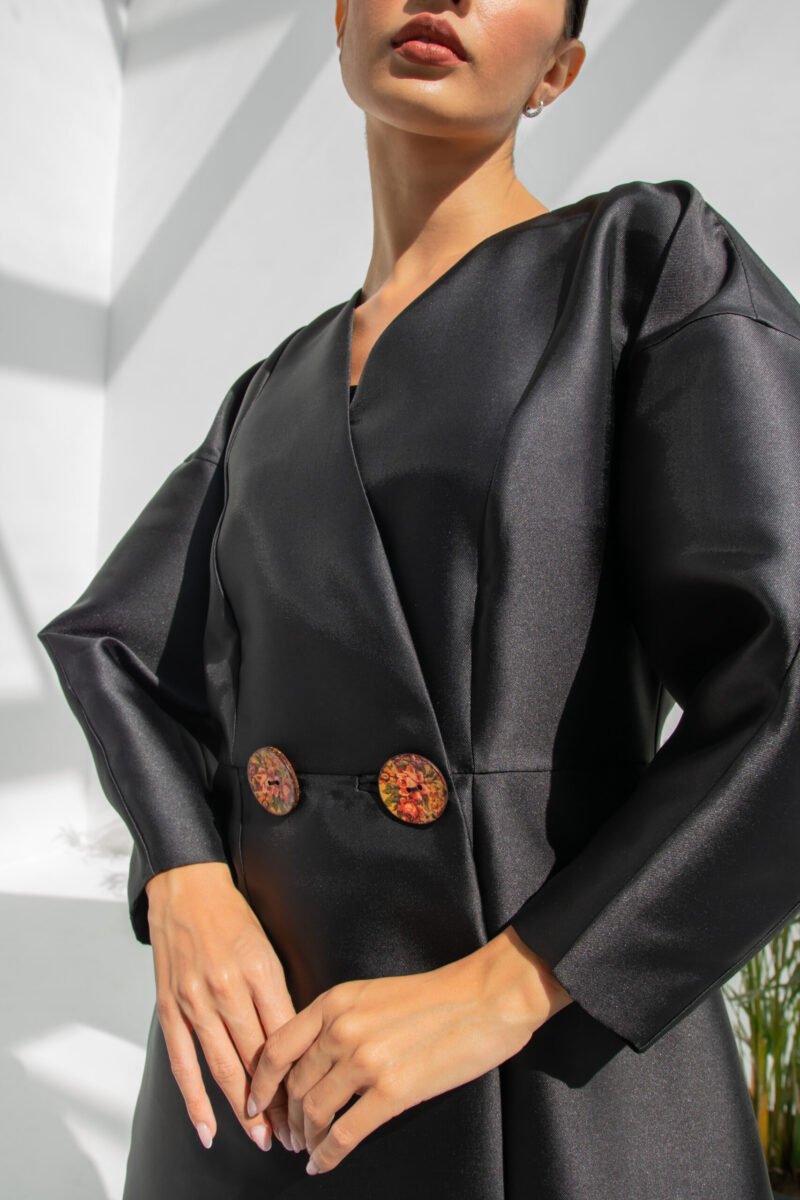 SS23 L-AS011 Mikado Abaya With Egg Sleeves Overlapped And Secured With Hand Made Painted Buttons Black 5