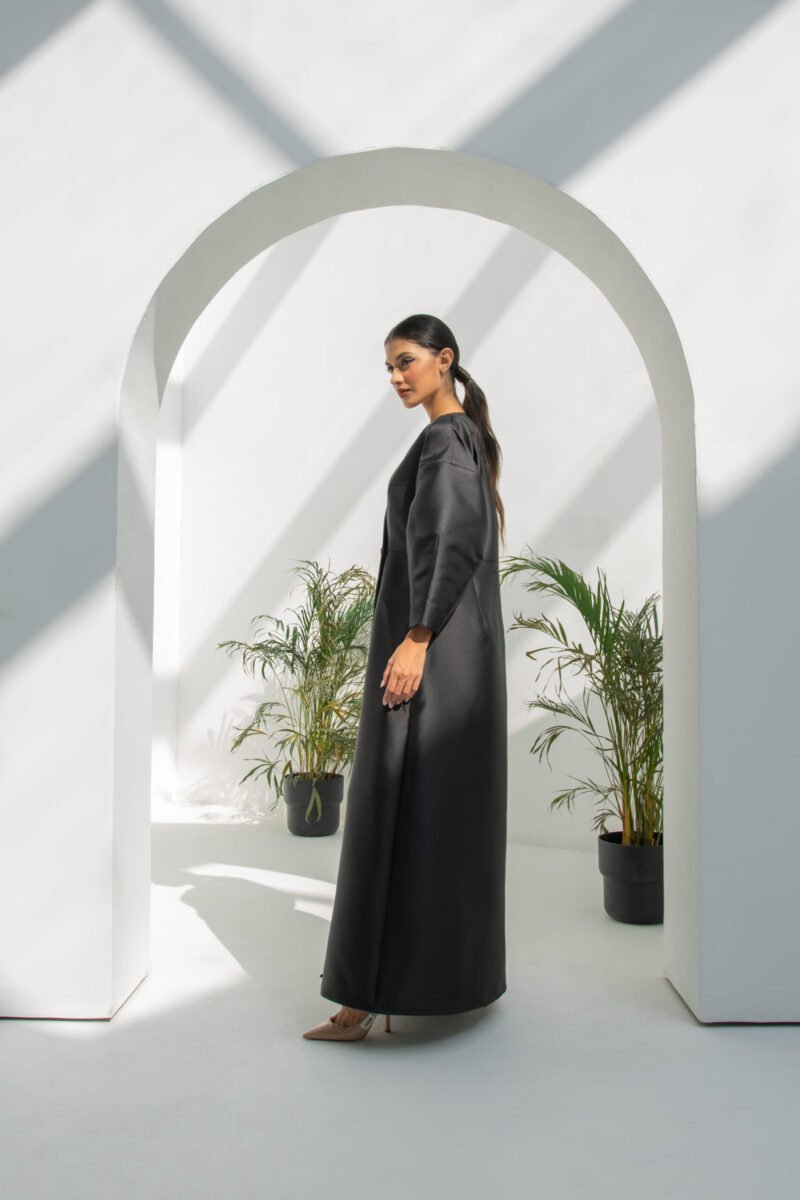 SS23 L-AS011 Mikado Abaya With Egg Sleeves Overlapped And Secured With Hand Made Painted Buttons Black 6