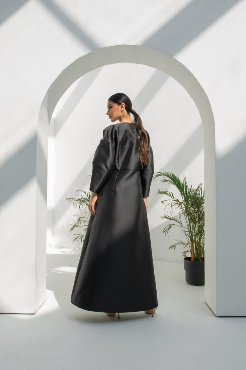 SS23 L-AS011 Mikado Abaya With Egg Sleeves Overlapped And Secured With Hand Made Painted Buttons Black 7