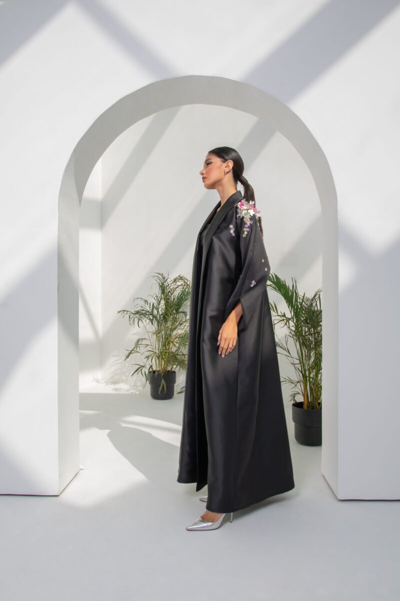 SS23 L-AH003 Mikado Abaya With One Side 3D Embroidary In Floral Motifs Black 4