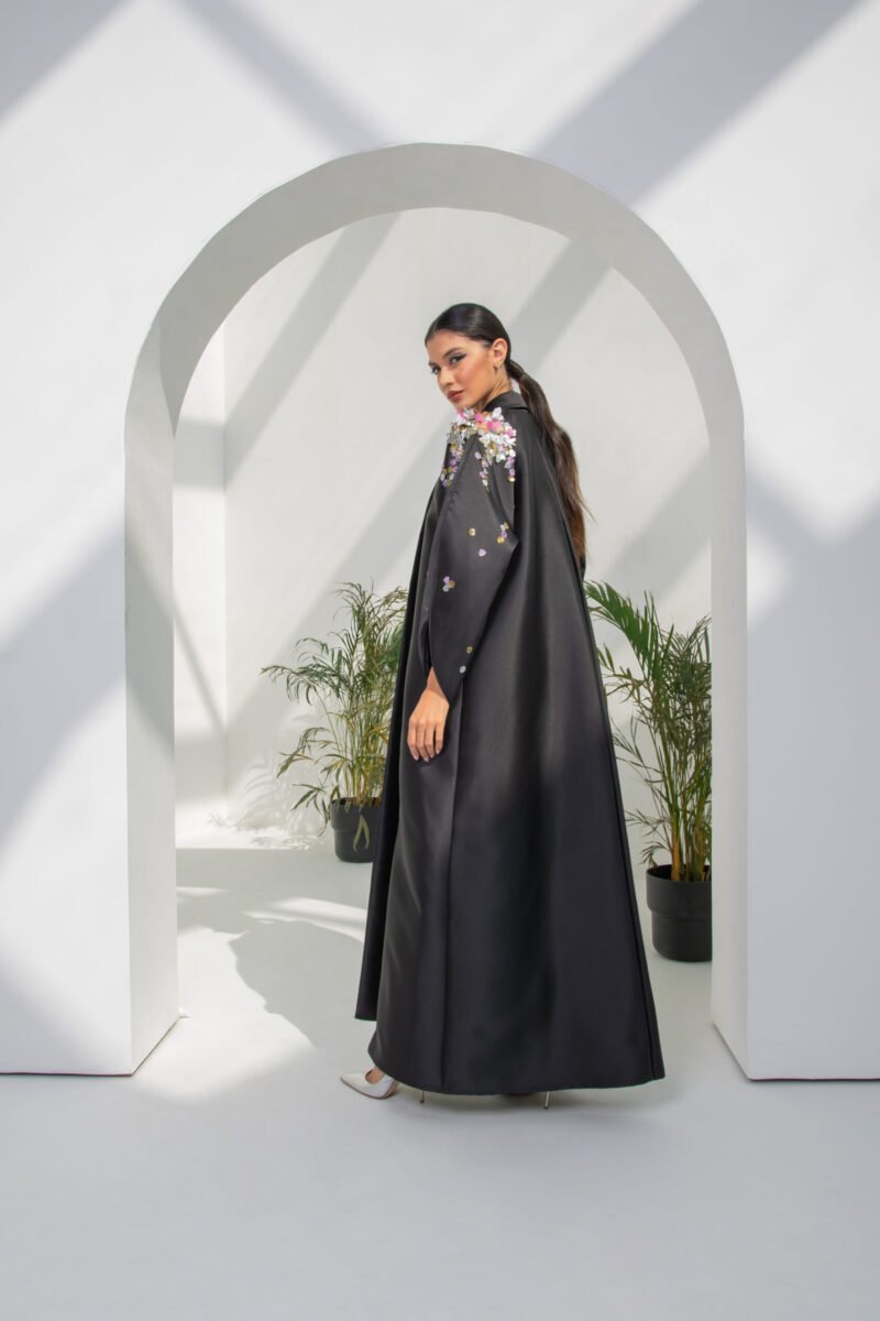 SS23 L-AH003 Mikado Abaya With One Side 3D Embroidary In Floral Motifs Black 5