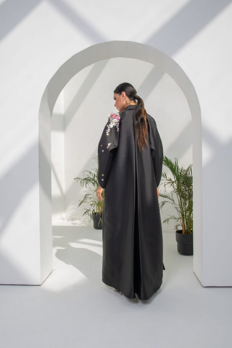 SS23 L-AH003 Mikado Abaya With One Side 3D Embroidary In Floral Motifs Black 6