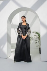 SS23 L-AH001 Mikado Abaya With Puffed Sleeves With Metalic Embroidered Floral Motifs Black 1