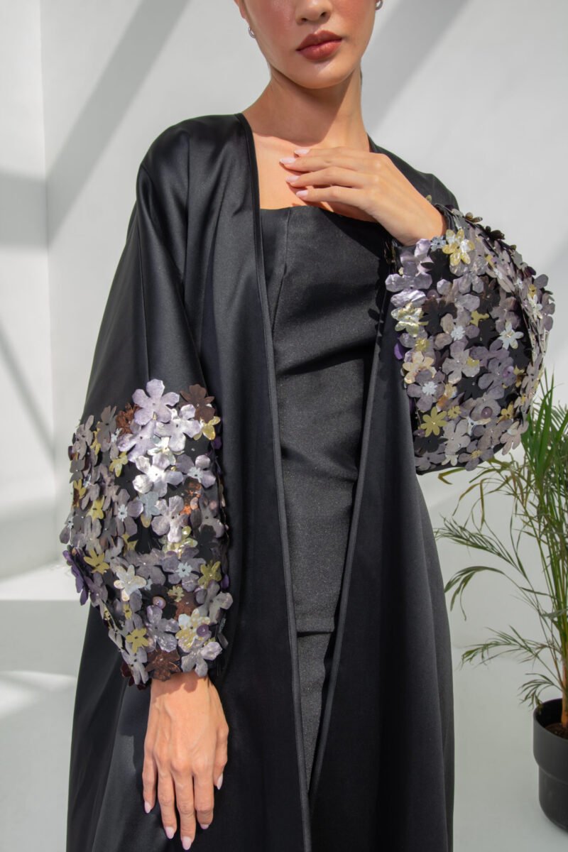 SS23 L-AH001 Mikado Abaya With Puffed Sleeves With Metalic Embroidered Floral Motifs Black 3