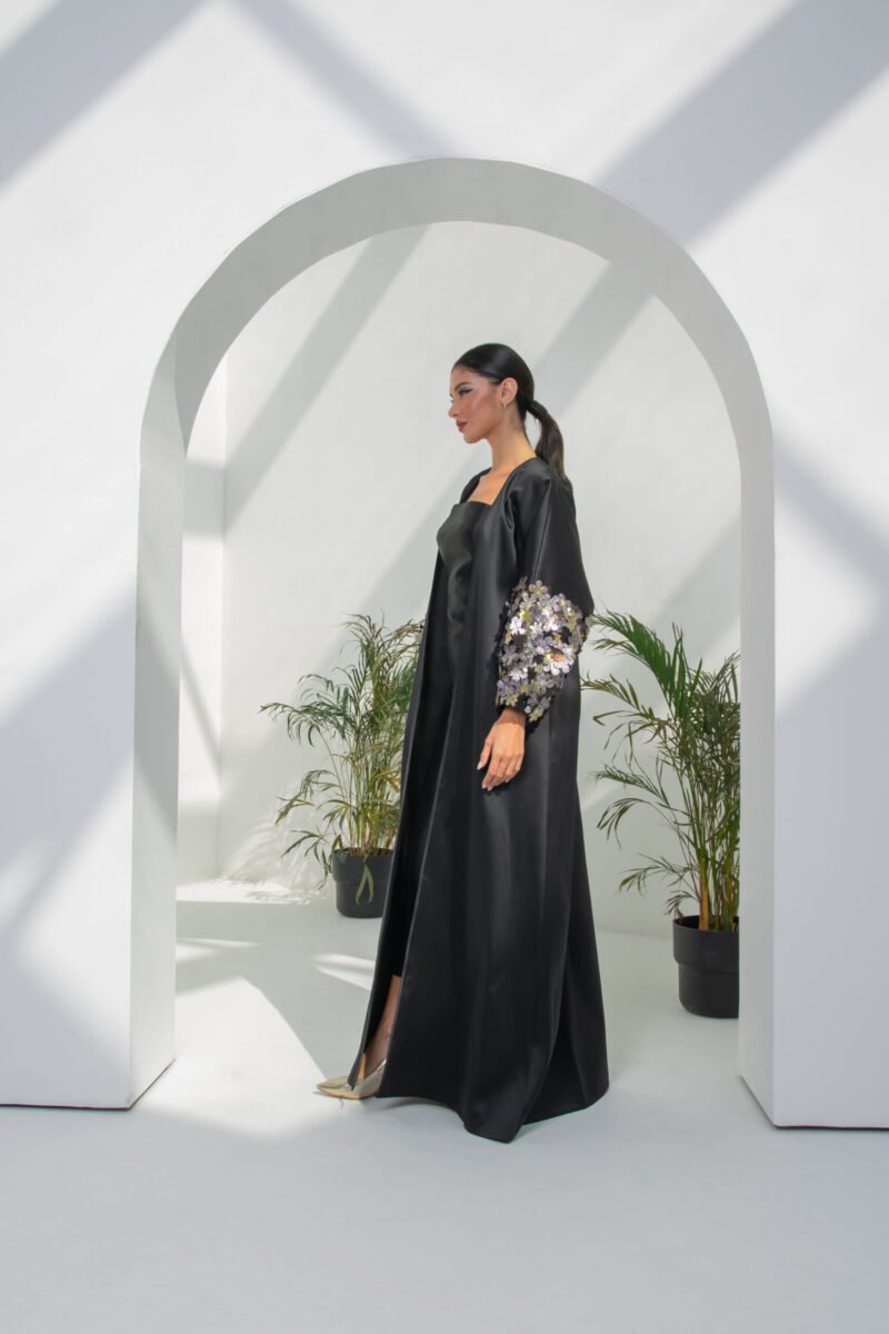 SS23 L-AH001 Mikado Abaya With Puffed Sleeves With Metalic Embroidered Floral Motifs Black 4