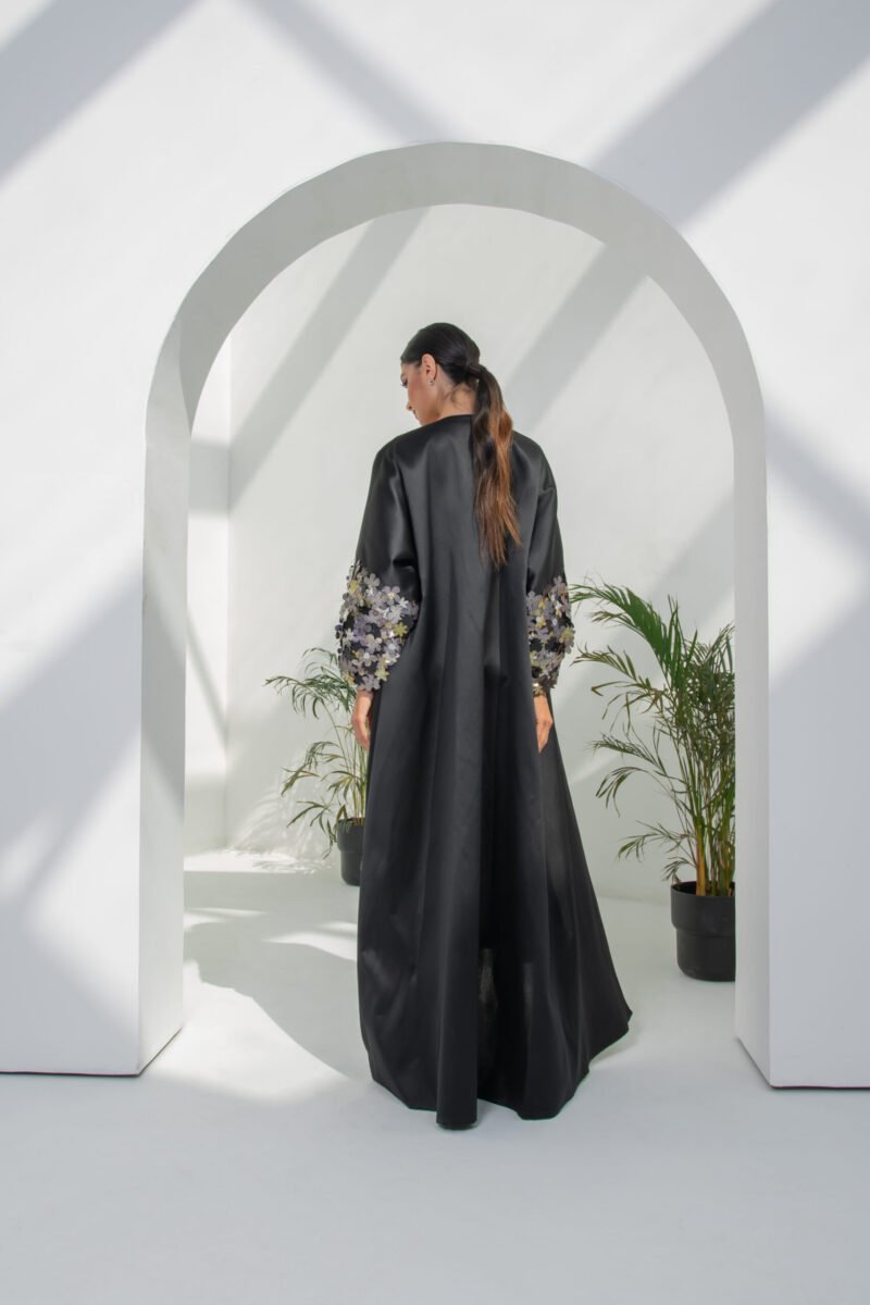 SS23 L-AH002 Mikado Abaya With Puffed Sleeves With Metalic Embroidered Floral Motifs Black 5