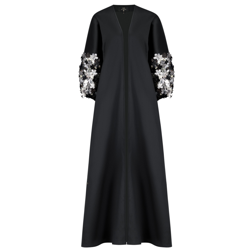 SS23 L-AH001 Mikado Abaya With Puffed Sleeves With Metalic Embroidered Floral Motifs Black 6