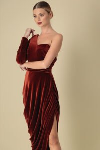 One shoulder velvet draped dress with side slit - Azzalia Design
