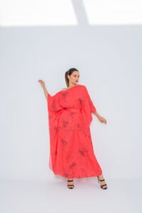 SS23 L-K009 Pure Silk Off Shoulder Kaftan With Semi Concealed Belt Cherry Red 1