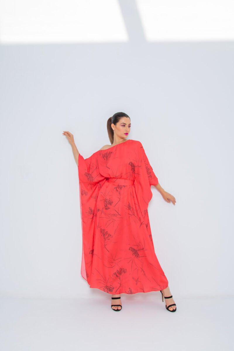 SS23 L-K009 Pure Silk Off Shoulder Kaftan With Semi Concealed Belt Cherry Red 1