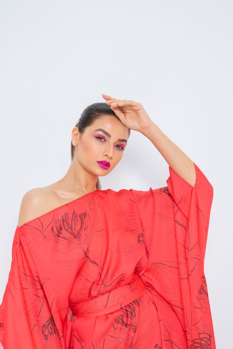 SS23 L-K009 Pure Silk Off Shoulder Kaftan With Semi Concealed Belt Cherry Red 2