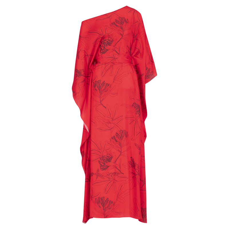 SS23 L-K009 Pure Silk Off Shoulder Kaftan With Semi Concealed Belt Cherry Red A