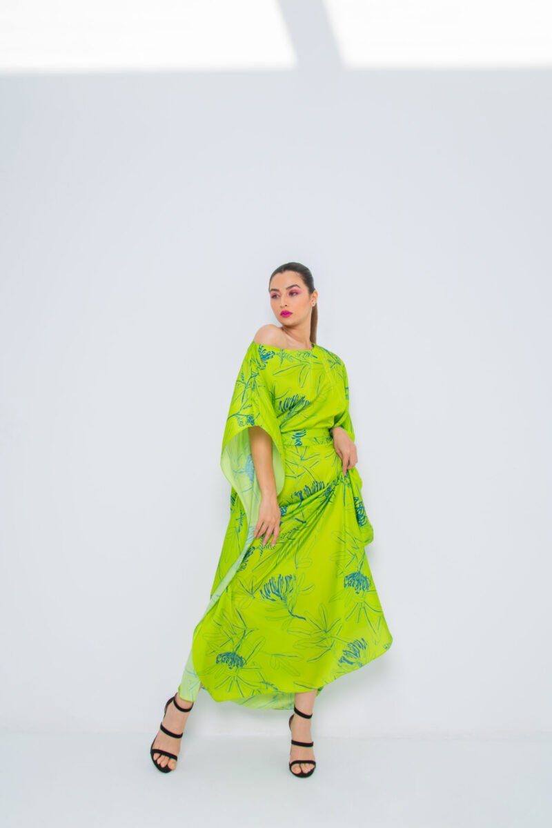 SS23 L-K009 Pure Silk Off Shoulder Kaftan With Semi Concealed Belt Lime 1