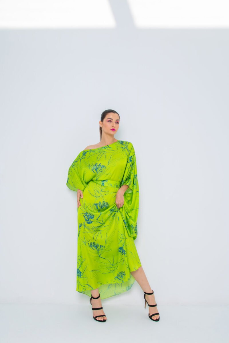 SS23 L-K009 Pure Silk Off Shoulder Kaftan With Semi Concealed Belt Lime 2