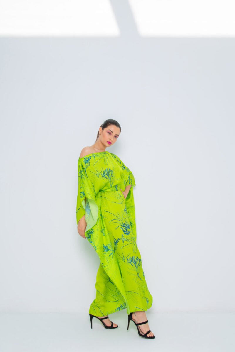 SS23 L-K009 Pure Silk Off Shoulder Kaftan With Semi Concealed Belt Lime 4