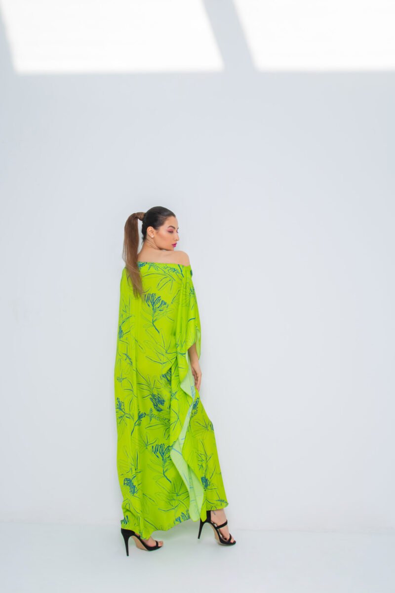 SS23 L-K009 Pure Silk Off Shoulder Kaftan With Semi Concealed Belt Lime 5